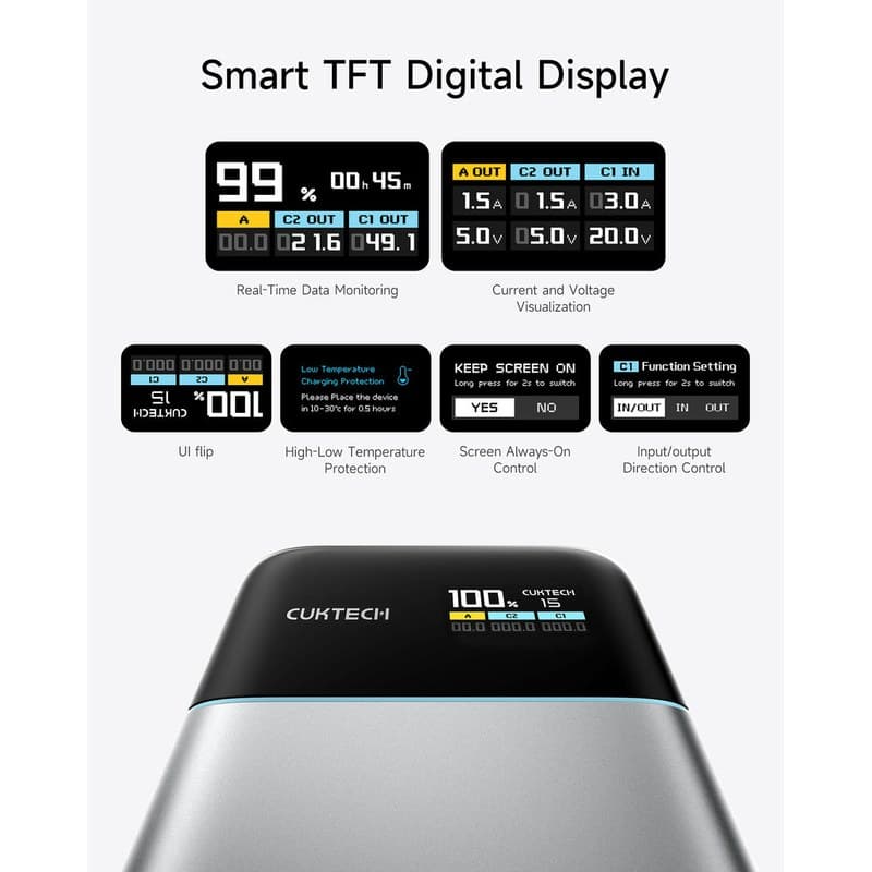 CUKTECH 15 Air 15000mAh GaN Power Bank with TFT Display thumbnail 8