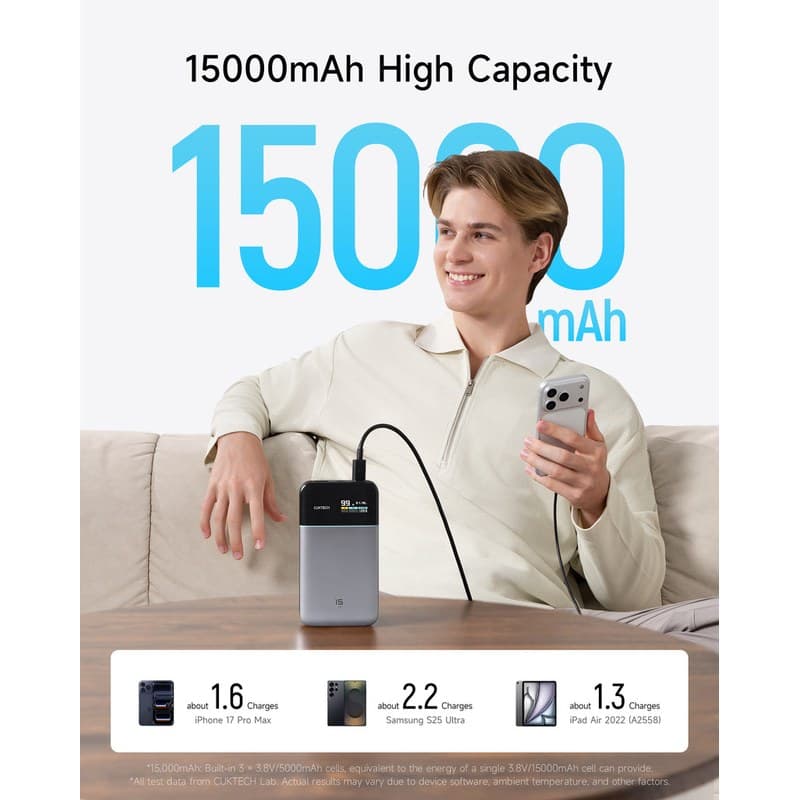 CUKTECH 15 Air 15000mAh GaN Power Bank with TFT Display thumbnail 9