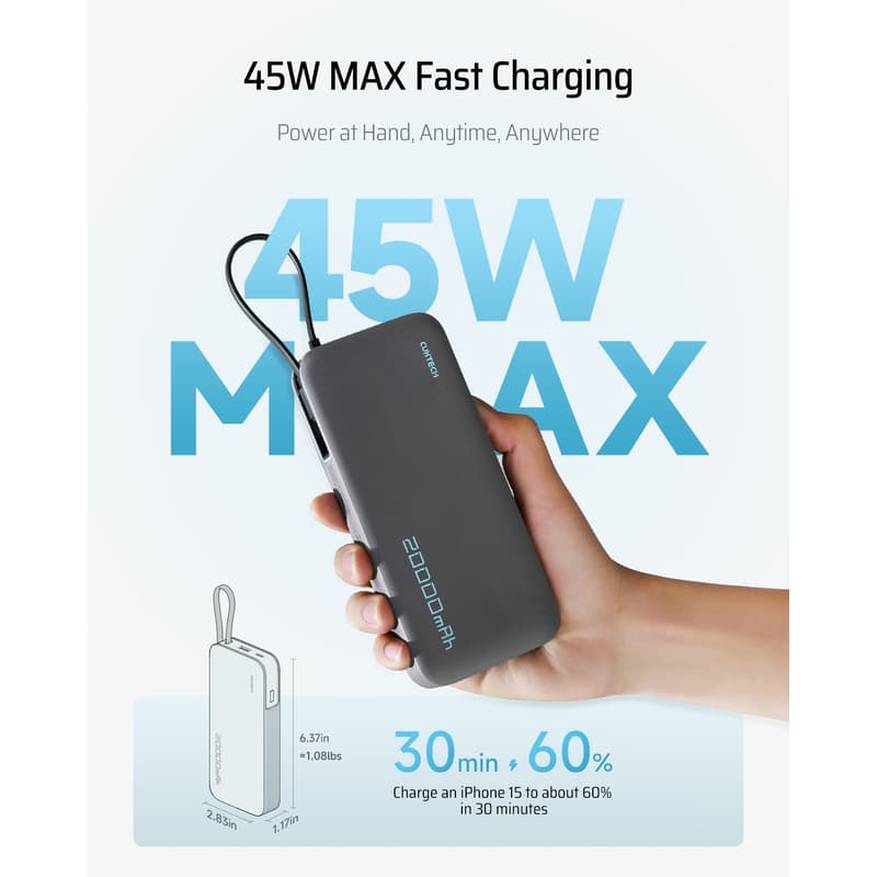 CUKTECH 45W 20000mAh Power Bank with Built-in USB-C Cable thumbnail 2